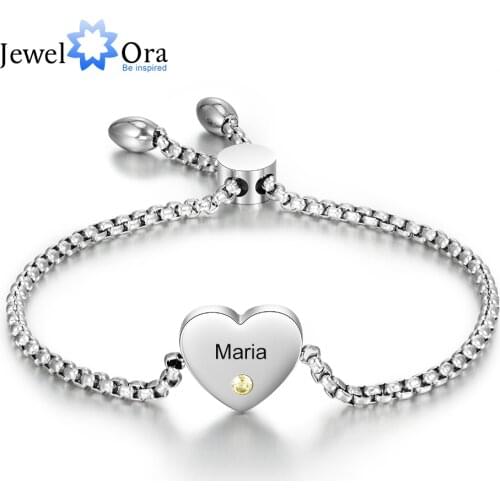 Personalized Engraved Name Heart Bracelet with Birthstone Stainless Steel Adjustable Chain Bracelets for Women Custom Jewelry