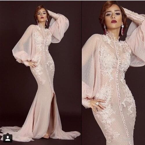 Elegant Muslim Evening Dresses Mermaid Long Sleeves Tulle Lace Islamic Dubai Saudi Arabic Long Formal Evening Gown