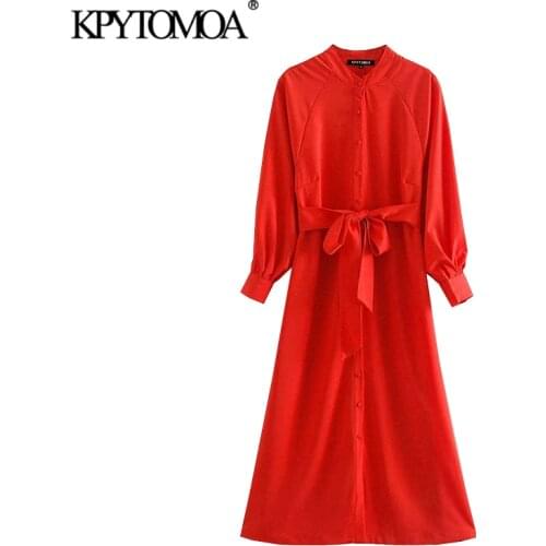 KPYTOMOA Women 2020 Elegant Fashion Office Wear Buttons Midi Dress Vintage Long Sleeve With Belt Female Dresses Vestidos Mujer
