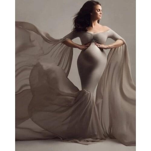 Maternity Long Sleeve Dress Baby Shower Stretchy Cotton+Chiffon Off Shoulder Pregnancy Sexy Photo Photography Train Mermaid New