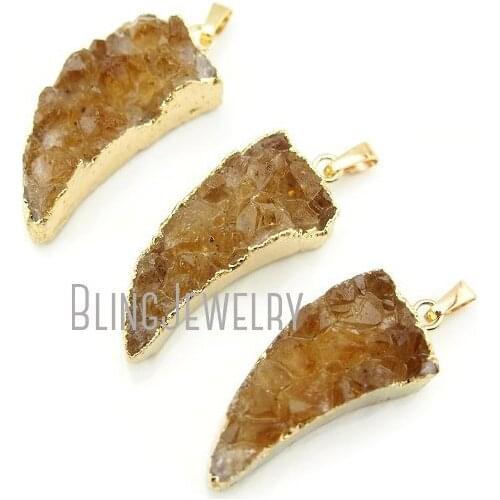 1PPHT1079G Citrin e Crystal Druzy Drusy Horn Tusk Pendant Charm with Gold