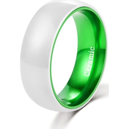 POYA Mens Wedding Jewelry 8mm White Ceramic Ring with Green Aluminum Interior Comfort Fit