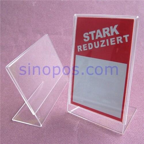 Crystal Clear Acrylic Sign Holder Slanted L Display, counter table shelf price tag card ticket poster plexi plastic glass frame