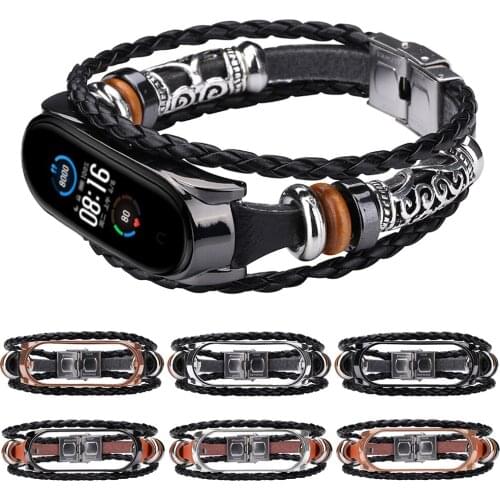 Ethnic Style Leather Watchbands For Xiaomi Mi Band 5 / 5 NFC Vintage Beading Bracelet Strap Weave Replacement Wrist Band