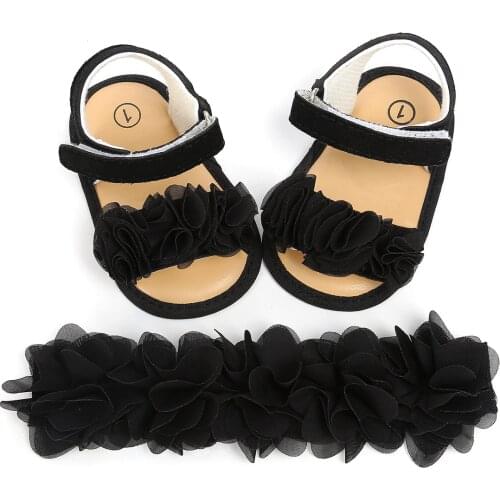 New Baby Girl Flower Sandals Girls Casual Crib Shoes Kids PU Leather First Prewalker + Headband Hair Bands Sheer For Newborn