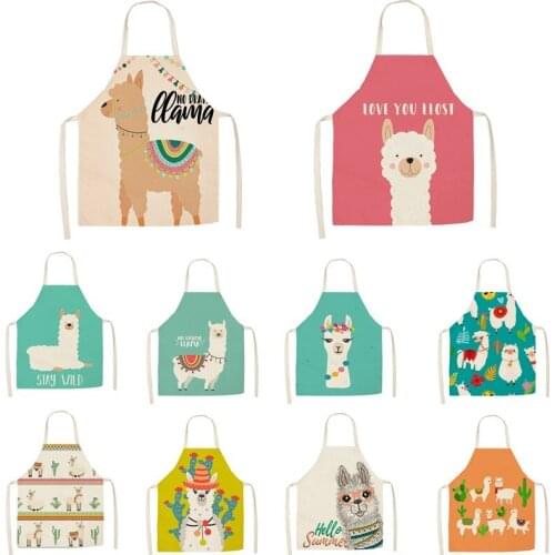 Cute Alpaca Cactus PrintedCotton Linen Sleeveless Aprons Kitchen Women Pinafore Home Cooking Baking Waist Bib 55*68cm