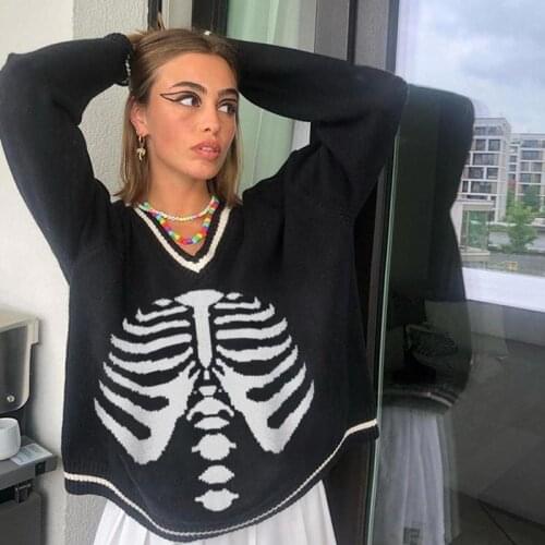 Fashion Sternum Print Streetwear Oversized Sweater Womens Casual Autumn Winter Knitted Jumper Loose Knitwear Pullovers