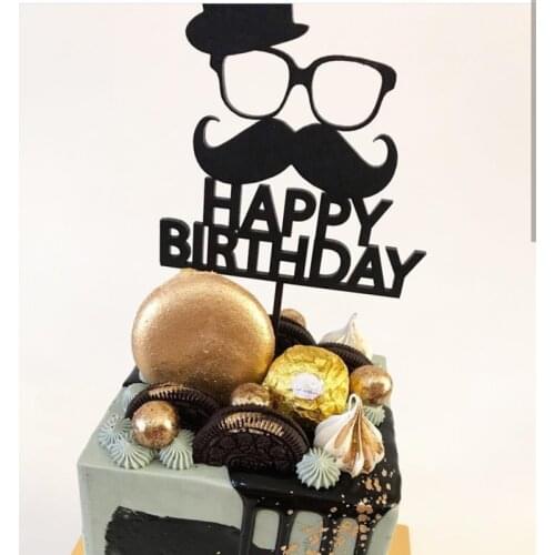 Creative Beard Happy Birthday Acrylic Cupcake Topper Black Birthday Cake Topper for Birthday Anniversary Party Cake Decorations