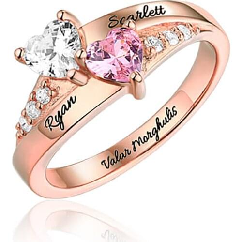 Uonney Dropshipping Engraved Double Free Engrave Heart Birthstone Ring Silver Rose Gold Ring Anniversary Women Gift Jewelry