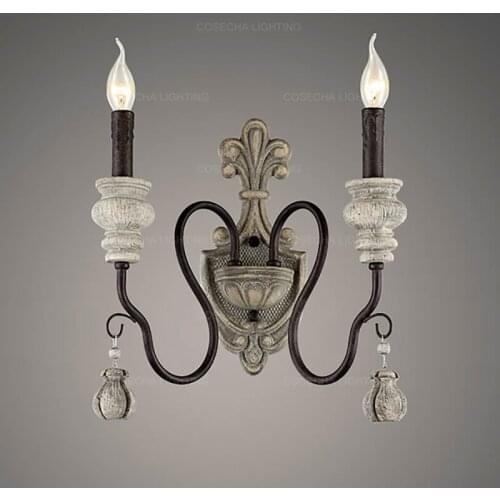 Vintage wood wall lamps with rustic iron retro wall sconce french american style bedroom bedside corridor foyer hallway lighting