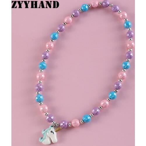 Rainbow Candy Cartoon Unicorn Necklace Little Girl Resin Acrylic Beads Children Jewelry Kids Pendant Necklace