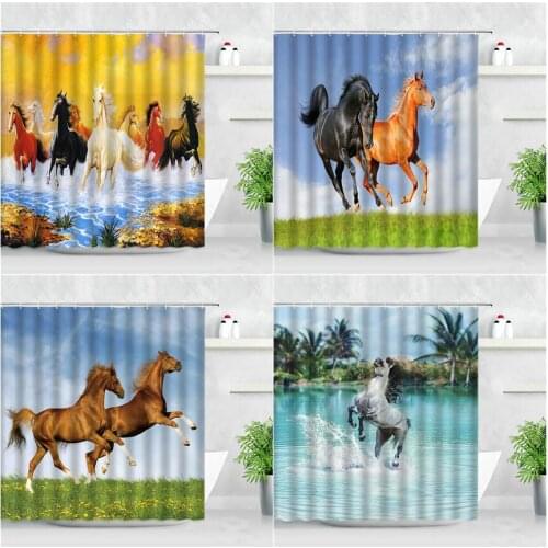 Running Horse Shower Curtains Grassland Animals Tropical Plant Palm Trees Printint Modern Bathroom Decor Waterproof Curtain Set