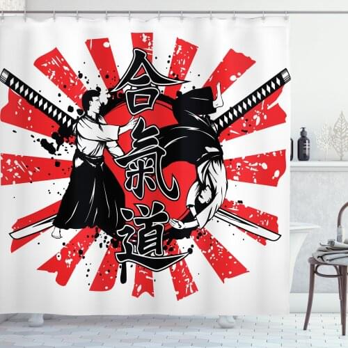 Samurai Japanese Shower Curtain Set Hero Portrait on Retro Rays Curtain for Bathroom 12 Hooks Cortinas de Baño וילון אמבטיה