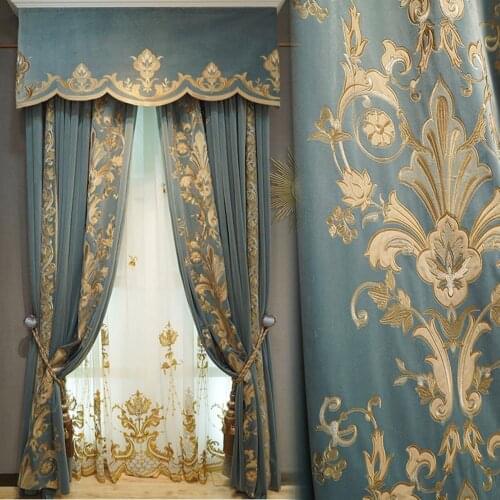 Custom curtains High-quality French flannel embroidered velvet thick duplex blue cloth blackout curtain tulle valance drape C128