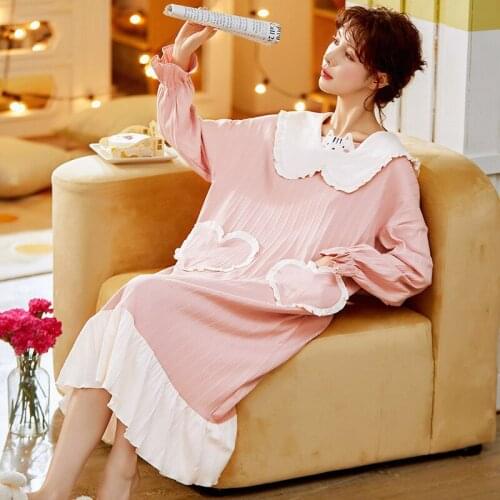 Autumn/Winter Womens Cotton Homedress Nightdress Long Sleeve Nightgowns One-piece Dress Sleepwear Loose Fashion Home Clothing