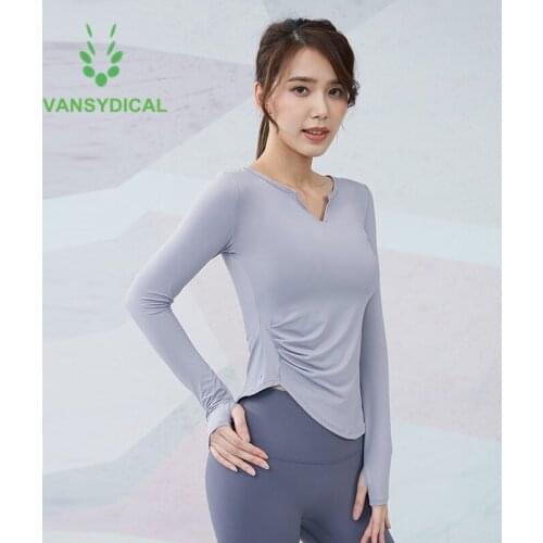 Women V-neck Running Fitness Sports T-shirts Slim Gym Yoga Shirts Long Sleeve Side Fold Workout Training Jogging Sportswear Top