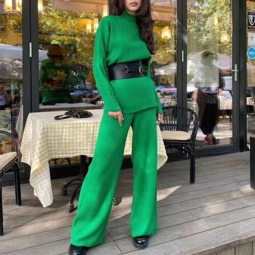 New Autumn Winter Tracksuit Women Casual Loose Half High Collar Long Pullover Sweater + Wide Leg Pants Two Piece Set Suits Warm
