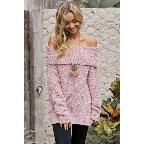 Fashion Slash Neck Long Sleeve Casual Womens Sweater 3 Colors