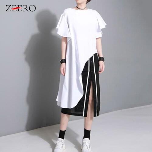 Women Flare Short Sleeve Patchwork Asymmetrical Side Split Dress Female Ruffles T Shirt Dress Ladies Summer 2019 Casual Clothes