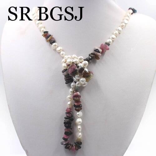 Free Shipping Women Jewelry Wholesale Natural 6-7mm White Pearl & Gems Tourmaline Long Sweater Necklace 34"