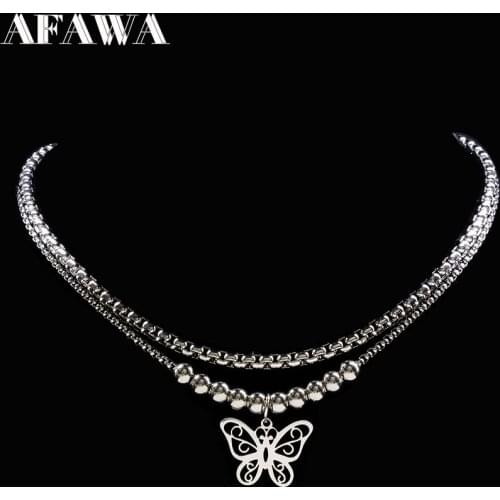 Butterfly Silver Color Stainless Steel Necklace Women Double Layer Statement Necklace Jewelry Gift Collares Mujer 2021 N18056