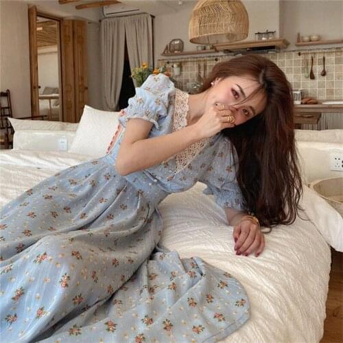Floral Dress Women Sweet Lace Chiffon French Style Flower Printed Midi Dress Puff Sleeve V Neck Clothes for Girl 2021 Party Wear