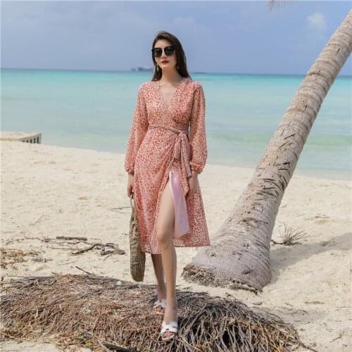 Elegant Dresses Women Ruffles Wrap Vintage Boho Lantern Sleeve Leopard Dress Wool Autumn V-Neck Long Sleeve Pink Dress Vestidos