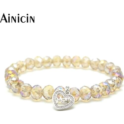 10pcs Mothers Day Gift Rainbow and Champagne Color Plated Faceted Glass Stretch Bracelet With Mom Heart Charms