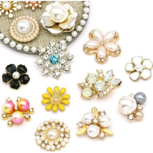5/10Pcs Flower Rhinestone Buttons Pearl Metal Button Flatback Crystal For Clothes DIY Bows Hair Tie Wedding Decoration