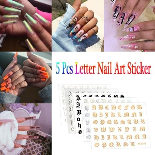 5 PCS Letter 3D Stickers Nail Art Gothic Alphabet 3D Black Rose Gold Character Word Decal Nails Decoration DIY Manicures