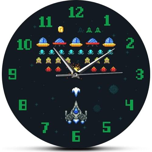 Arcade Video Game Free reloj de pared Clocks Shipping Space Alien Invader Pixel Spaceship Quartz Acrylic da parete Watch