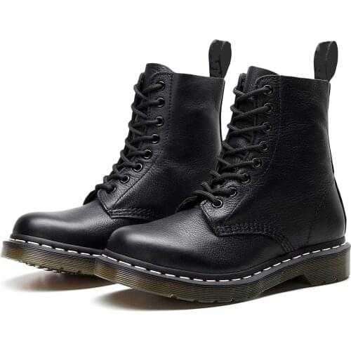 Women Genuine Leather Boots High Top Fashion Shoes Black Couple Unisex Boots Motorcycle Boots Low Heel Ankle Boots