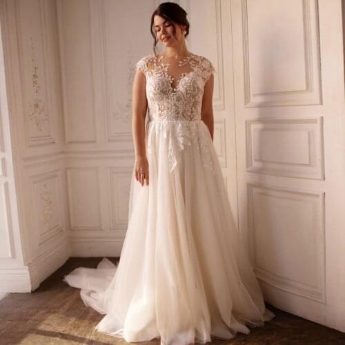 Jewel Cap Sleeves Plus Size Wedding Dresses Illusion Bodice A-line Bridal Gown Vestido de Novia 2021