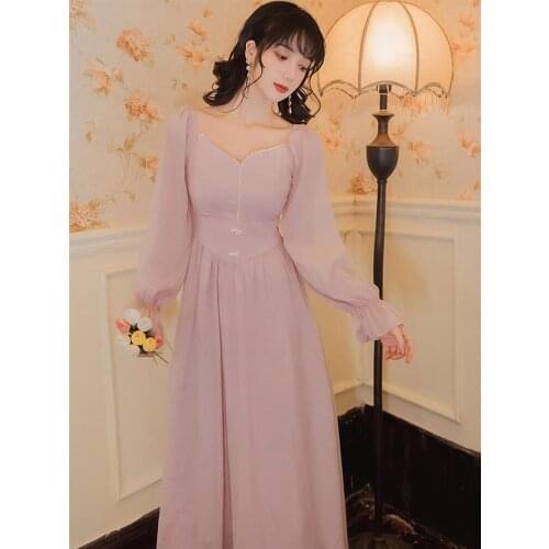 French Gentle Fairy Sweet Dress Square Neck Elegant Beaded Chic Flare Sleeve High Waist Bowknot Cute Romantic Princess Vestidos