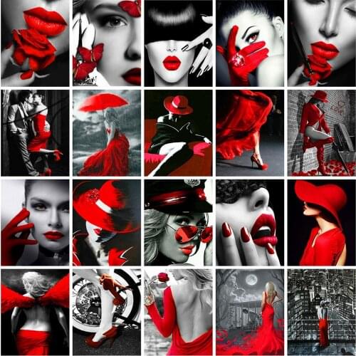 HUACAN Diamond Painting Full Black Red Woman Diamond Embroidery Sale Portrait Pictures Of Rhinestones Mosaic Wall Art