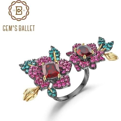 GEMS BALLET Natural Red Garnet Double Flower Handmade Rings For Women 925 Sterling Silver Adjustable Open Ring Secret Garden