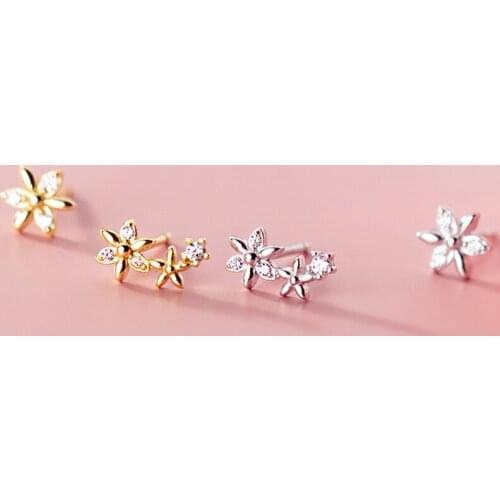 Cute Small Zircon Flower Asymmetry Stud Earrings Delicate Tiny Crystal Earrings 925 Sterling Silver CZ Jewelry