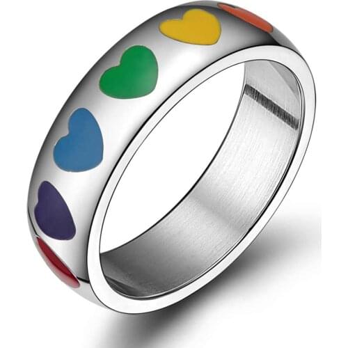 Trendy Unisex Women Men Colorful Heart Rings Stainless Steel Valentines Day Gift Fashion Jewelry US Size 5 6 7 8 9 10 11 12