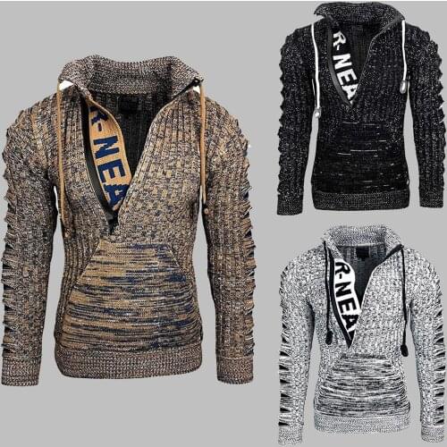 2020 Fashion Men Autumn Winter Sweater Cardigan Turn Down Collar Ripped Knitted Cotton Letters Long Sleeve Jumper- Warm outwear