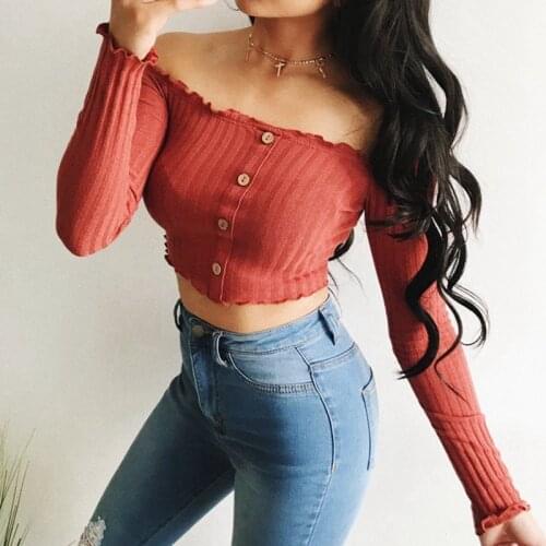 New Womens Sexy Ladies Frill Bardot Off Shoulder Jumper Ribbed Long Sleeve Crop Tops
