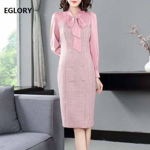 New Korean Fashion Style Dress 2020 Autumn Winter Runway Women Bow Collar Shirt Patchwork Long Sleeve Pink Grey Midi Wool Dress