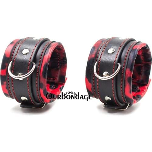 Ourbondage Red Leopard Belt Black Strap PU Leather Fetish Bondage Flirting Wrist Ankle Cuffs With Hook For Adult Sex Toys