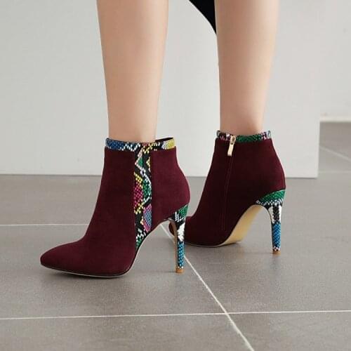 Sexy color contrast suede new high heel pointed short boots large 43 44 45 46 47 48