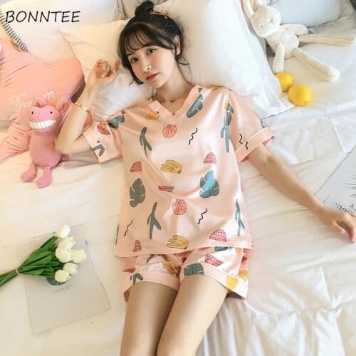 Pajama Sets Women 2XL Ulzzang Sweet Summer Soft Daily Trendy Femme Sleepwear Lovely Printed Round Neck Preppy Girls Nightwear