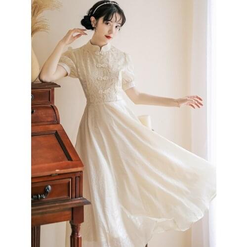 French Vintage Vestido Short Sleeve Lace Sequined Fairy Elegant Dresses Palace Style Retro Summer Puff Sleeve Apricot Midi Dress