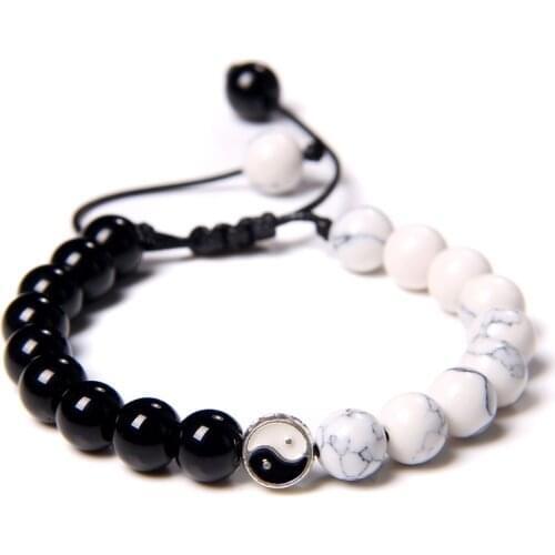 Couple Distance Braided Bracelet Natural White and Black Yin Yang Beads Bracelet Bangles Women Men Best Friend Strand Jewelry