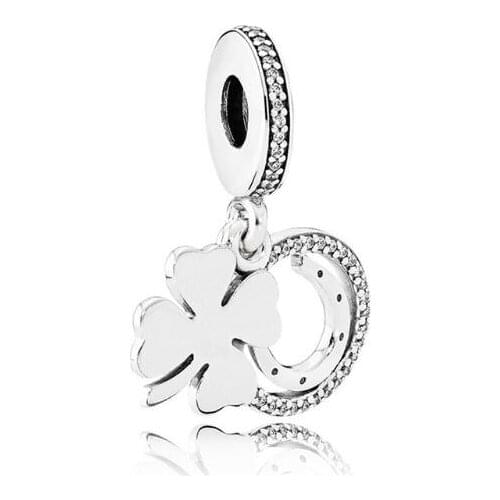 Genuine 925 Sterling Silver Charm Four-leaf Clover & The Horseshoe Lucky Day Beads Fit Pan Bracelet & Necklace DIY Jewelry