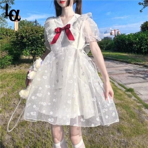 Luck A V-Neck Floral Mesh Dress Bow Puff Sleeve Kawaii Tulle Mini Party Dress Japanese Summer Women Lolita White Fairy Dress