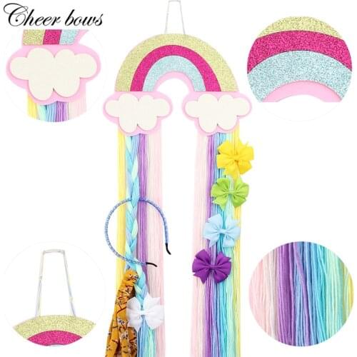 Rainbow Glitter Hair Bows Holder Storage Belt Girls Hairband Clips Hanging Organizer Strip Holder for Children Kids Accessories