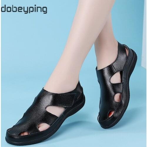 Dobeyping 2021 Comfortable Summer Woman Sandals Genuine Leather Casual Womens Flats Beach Shoes New Hollow Female Retro Sandals